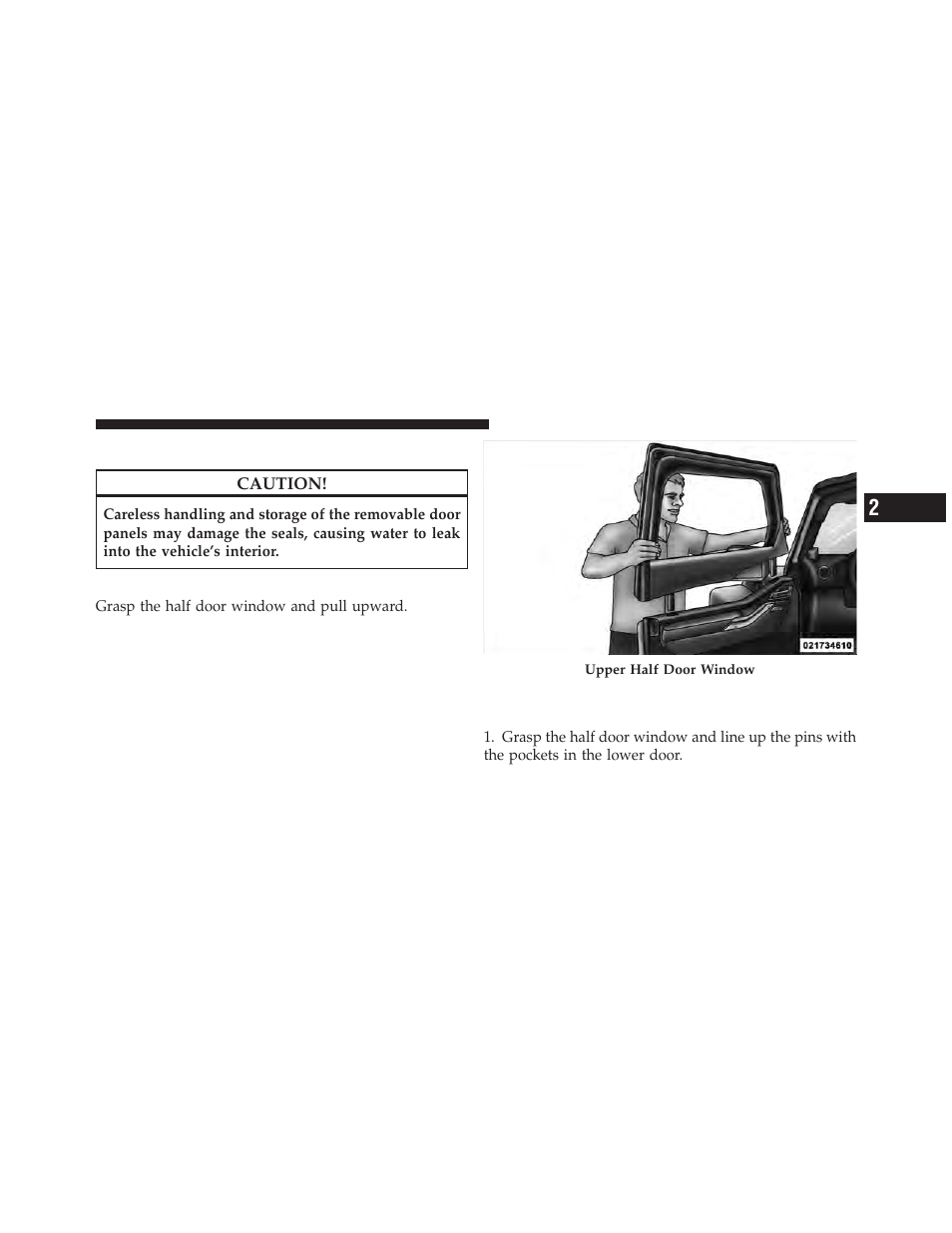 Doors, Upper half door window removal — if equipped, Upper half door window installation — if equipped | Upper half door window removal, If equipped, Upper half door window installation | Jeep 2011 Wrangler User Manual | Page 31 / 603