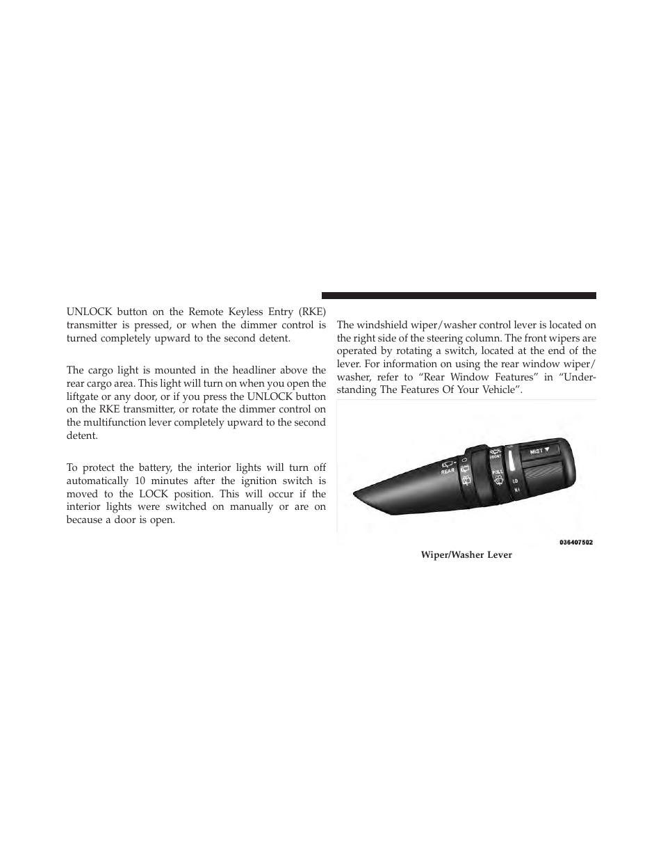 Cargo light, Battery saver feature, Windshield wipers and washers | Jeep 2011 Liberty User Manual | Page 166 / 542