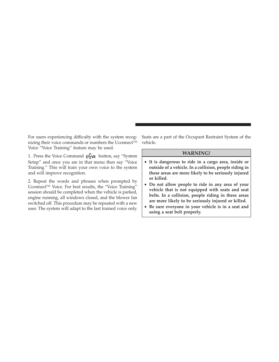 Voice training, Seats | Jeep 2011 Compass User Manual | Page 134 / 490