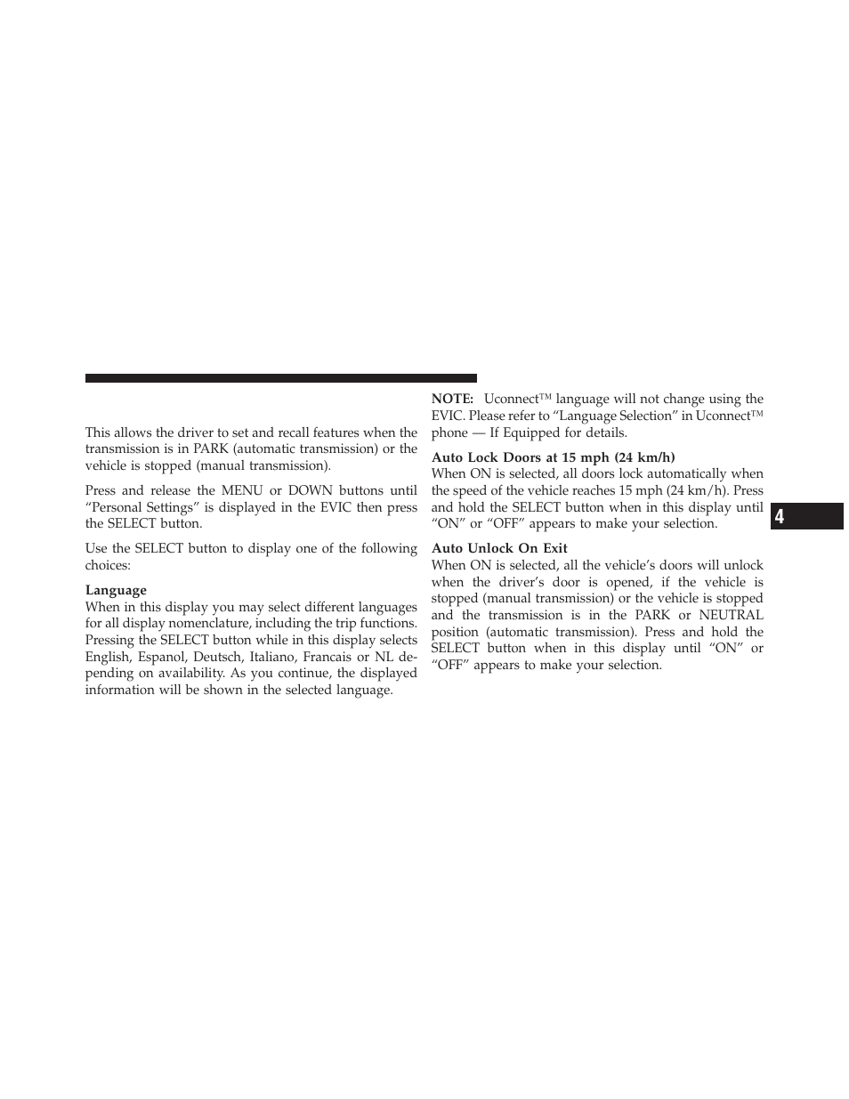 Personal settings (customer-programmable features), Personal settings, Customer-programmable features) | Jeep 2011 Compass User Manual | Page 215 / 490