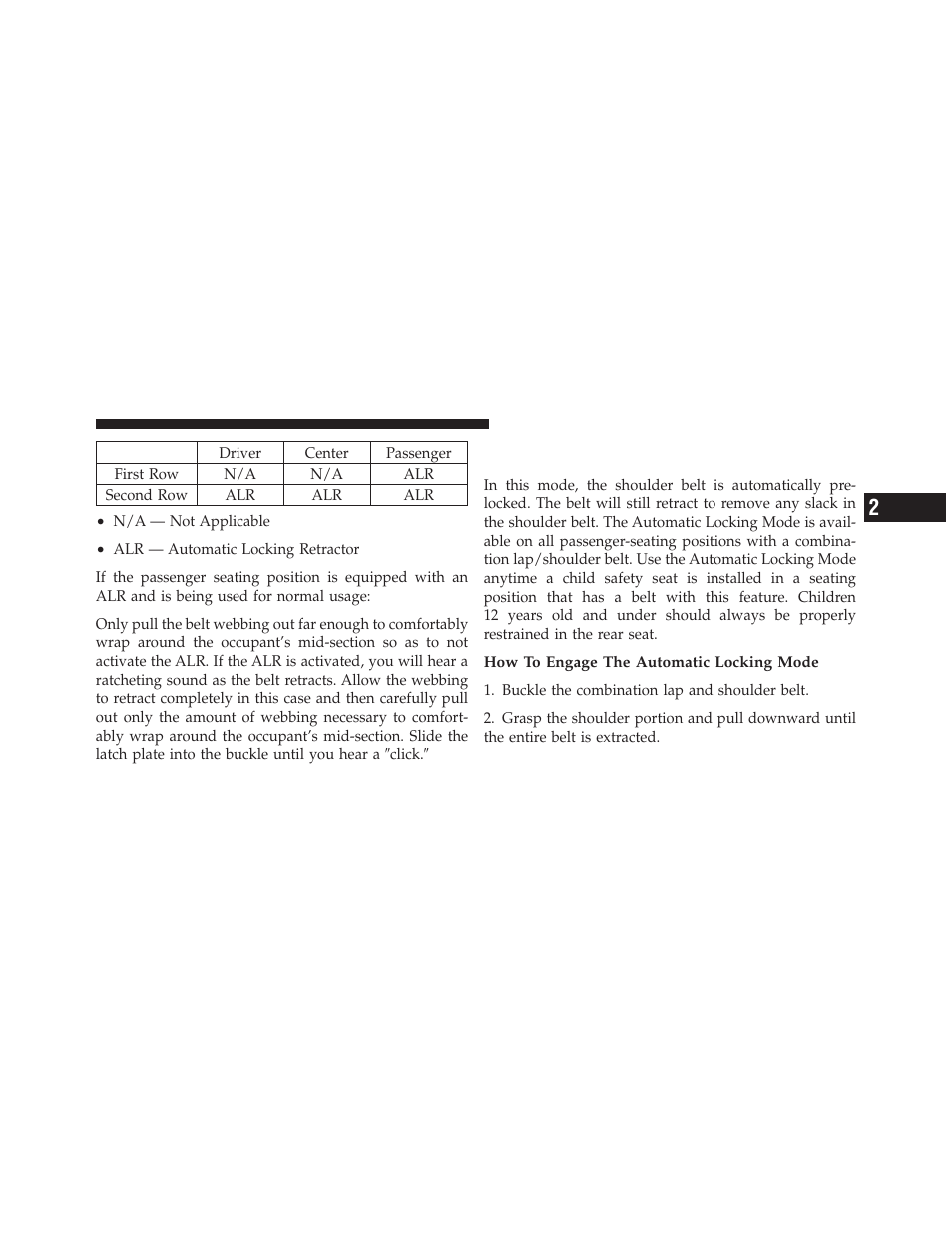 Automatic locking retractor mode (alr), If equipped | Jeep 2011 Compass User Manual | Page 53 / 490