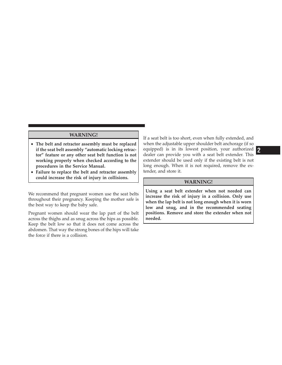 Seat belts and pregnant women, Seat belt extender | Jeep 2010 Liberty User Manual | Page 56 / 528