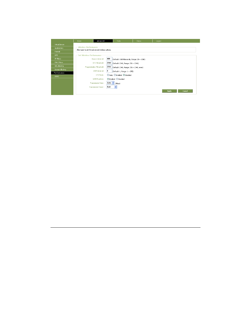 Advanced - performance | Conceptronic Version 1.0 802.11n Wireless Broadband Router C300BRS4A User Manual | Page 57 / 76