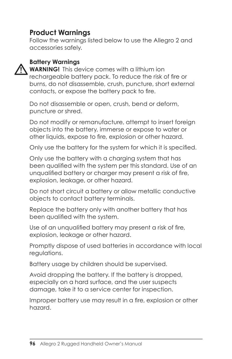 Product warnings | Juniper Systems Allegro 2 User Guide User Manual | Page 100 / 119