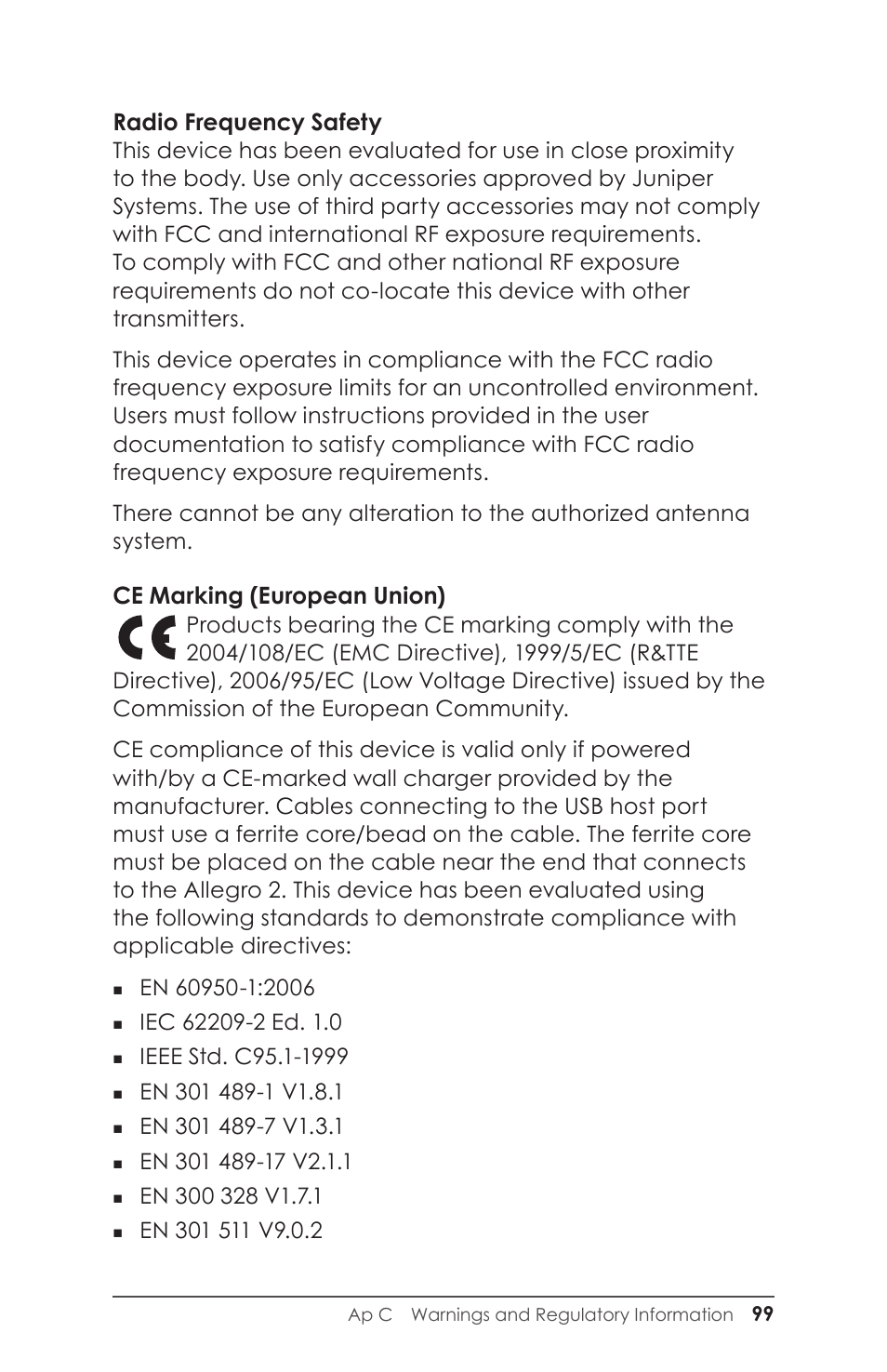 Radio frequency safety, Ce marking (european union) | Juniper Systems Allegro 2 User Guide User Manual | Page 103 / 119