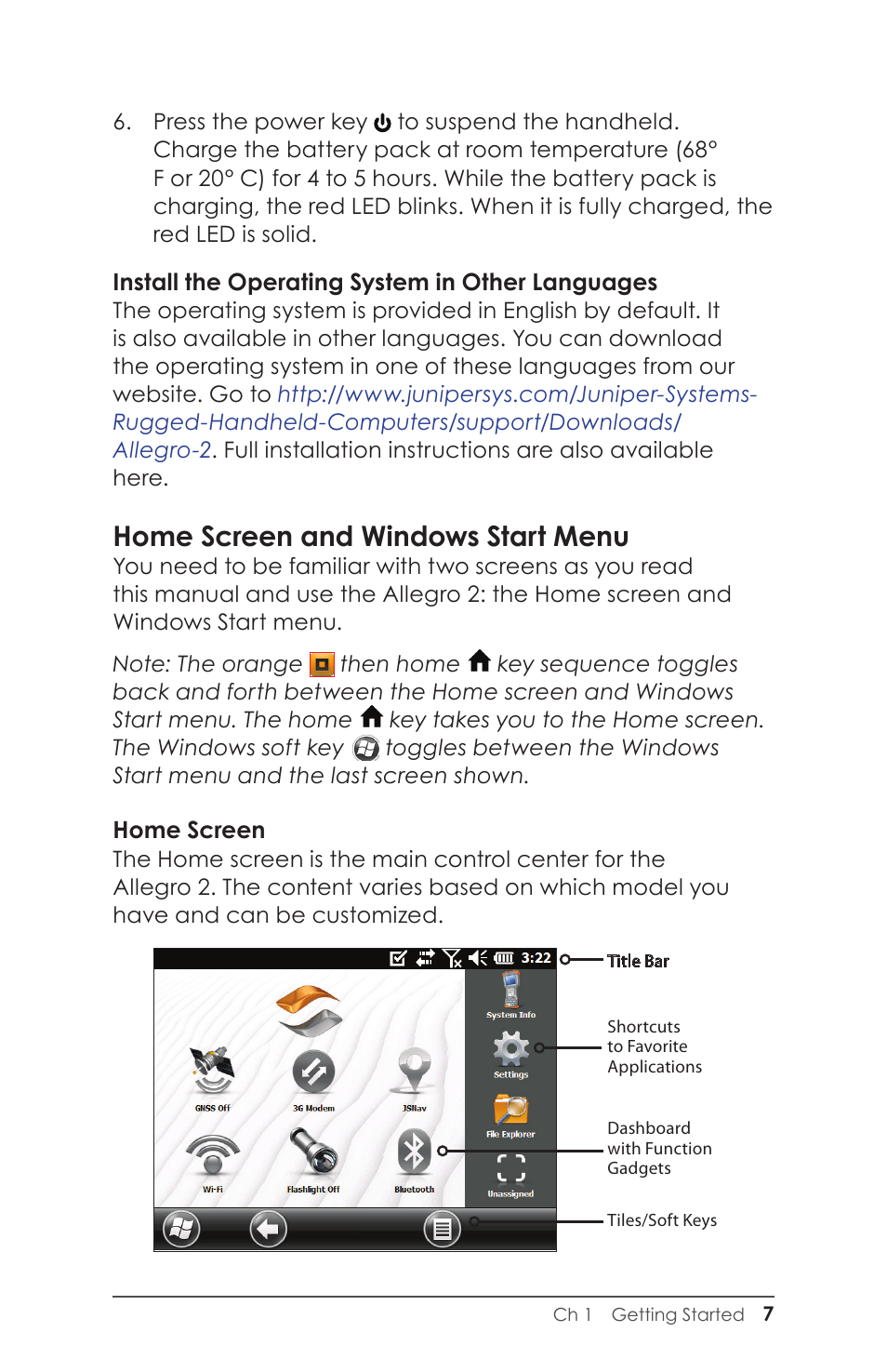 Home screen and windows start menu | Juniper Systems Allegro 2 User Guide User Manual | Page 11 / 119