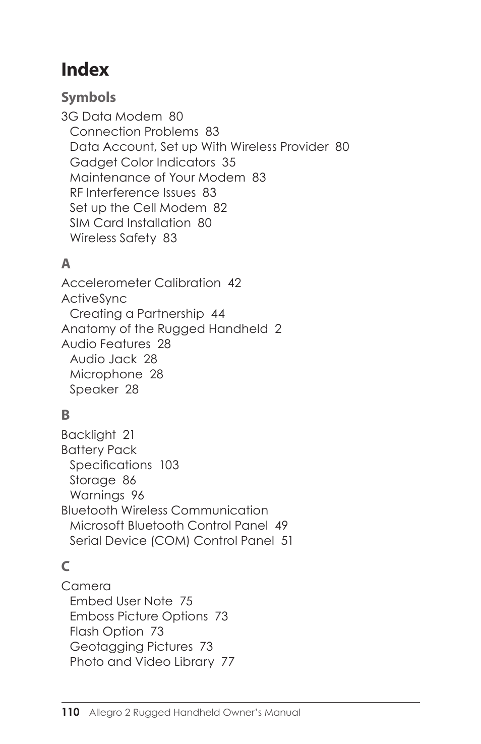 Index | Juniper Systems Allegro 2 User Guide User Manual | Page 114 / 119