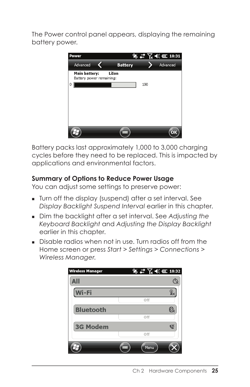 Summary of options to reduce power usage | Juniper Systems Allegro 2 User Guide User Manual | Page 29 / 119
