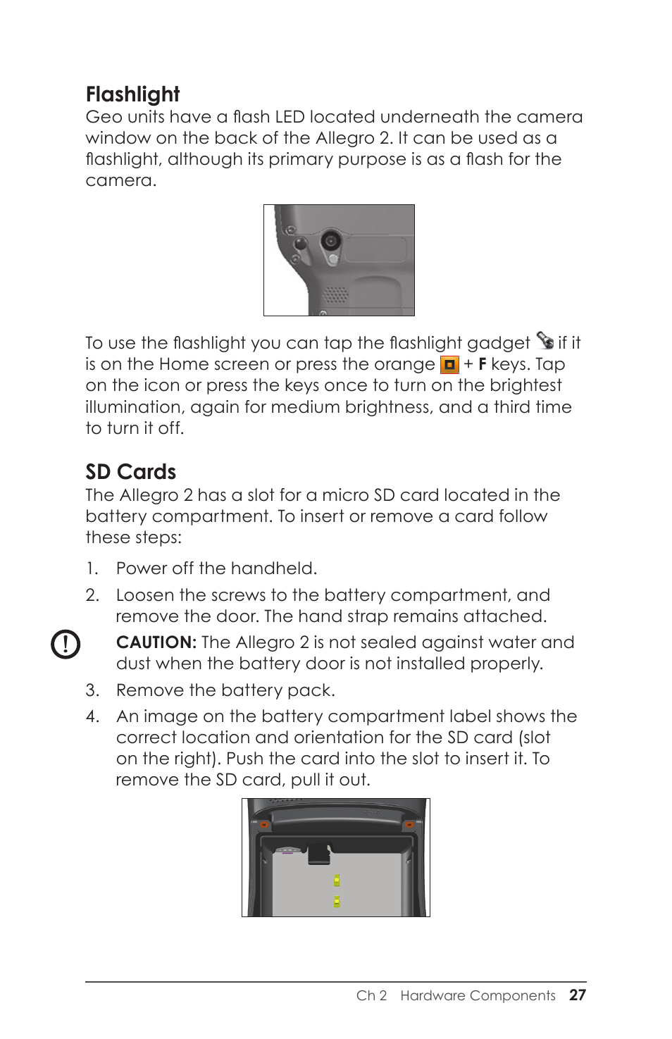 Flashlight, Sd cards | Juniper Systems Allegro 2 User Guide User Manual | Page 31 / 119