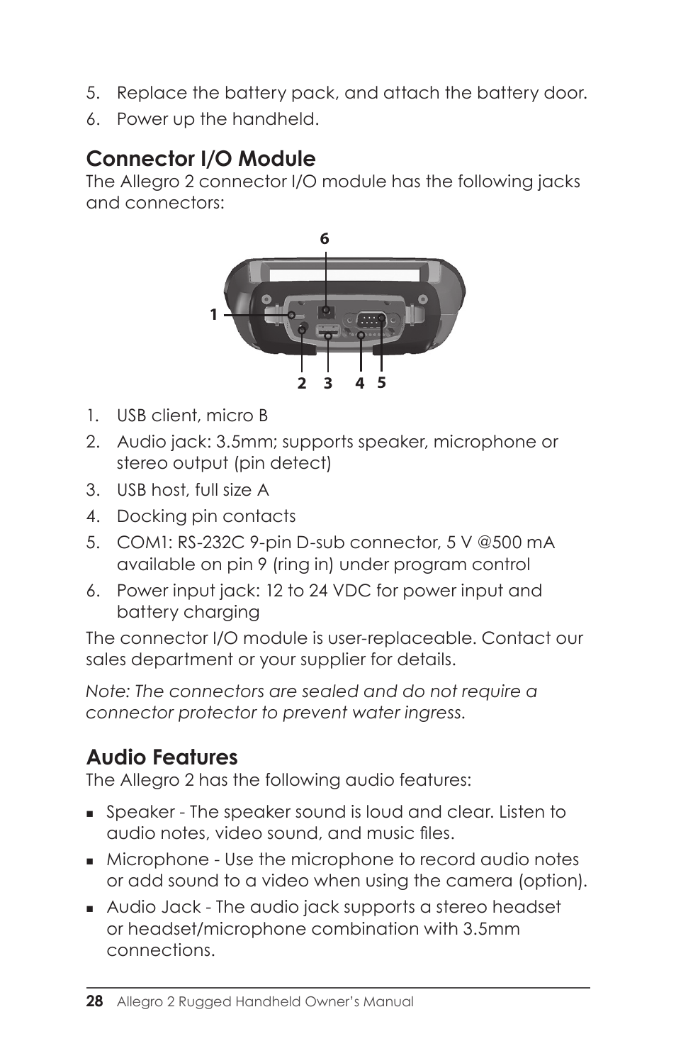 Connector i/o module, Audio features | Juniper Systems Allegro 2 User Guide User Manual | Page 32 / 119