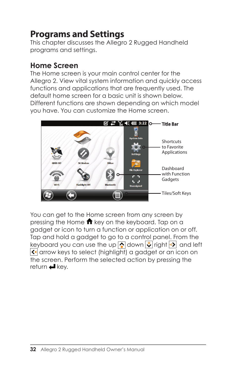 Home screen, Programs and settings | Juniper Systems Allegro 2 User Guide User Manual | Page 36 / 119