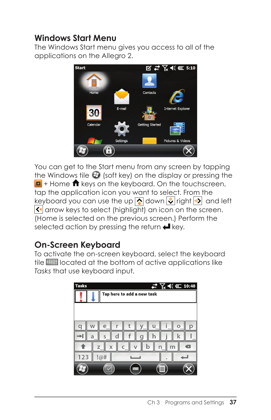 Windows start menu, On-screen keyboard | Juniper Systems Allegro 2 User Guide User Manual | Page 41 / 119