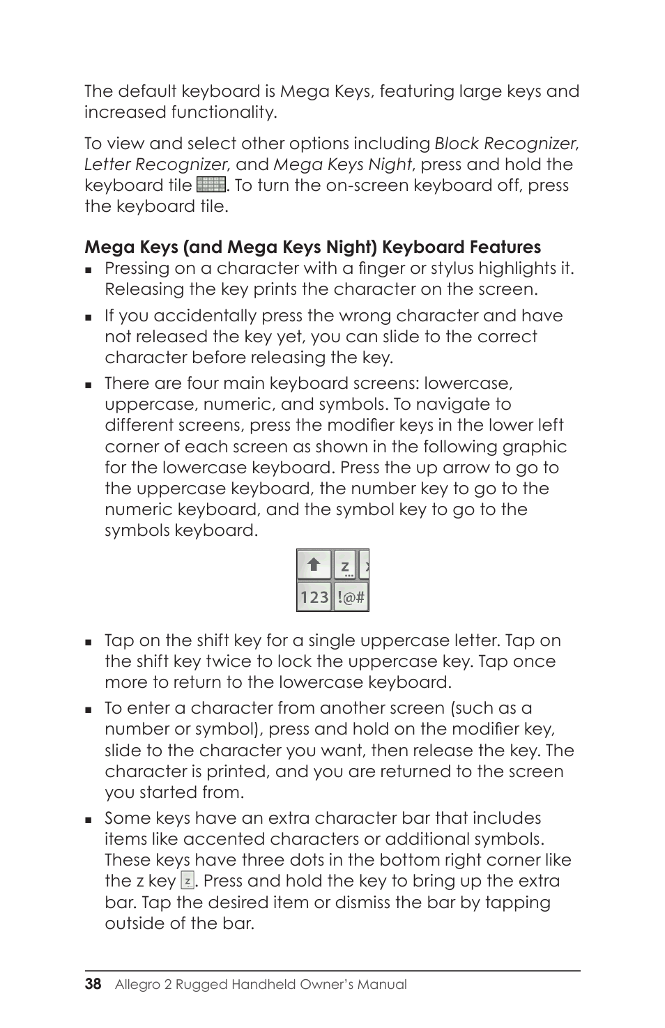 Mega keys (and mega keys night) keyboard features | Juniper Systems Allegro 2 User Guide User Manual | Page 42 / 119