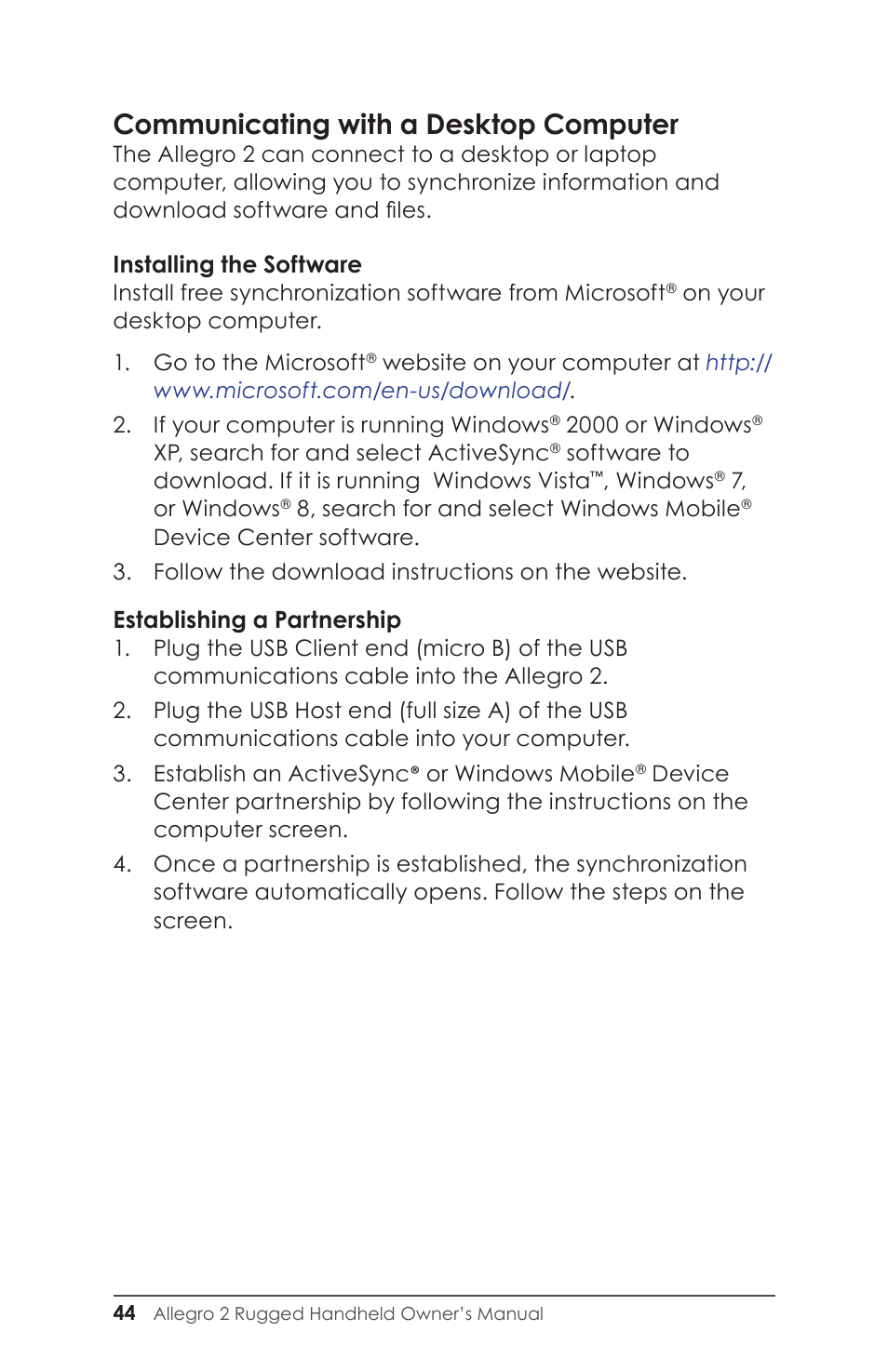 Communicating with a desktop computer | Juniper Systems Allegro 2 User Guide User Manual | Page 48 / 119