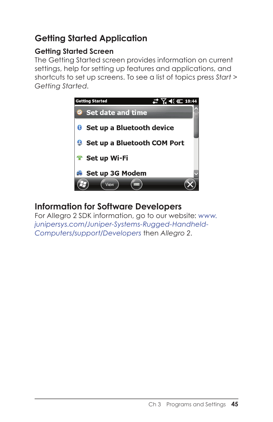 Getting started application, Information for software developers | Juniper Systems Allegro 2 User Guide User Manual | Page 49 / 119