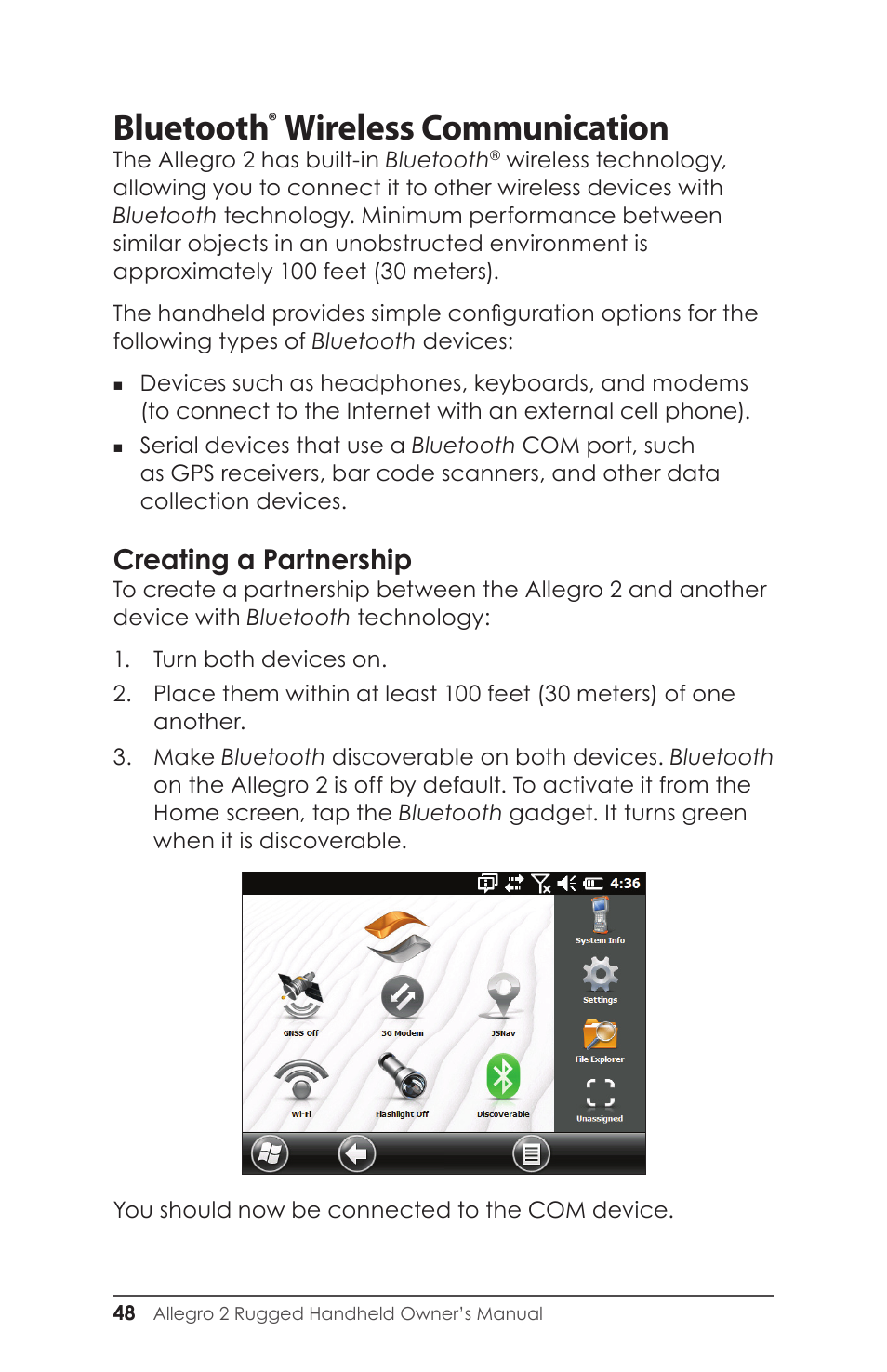 Creating a partnership, Bluetooth, Wireless communication | Juniper Systems Allegro 2 User Guide User Manual | Page 52 / 119