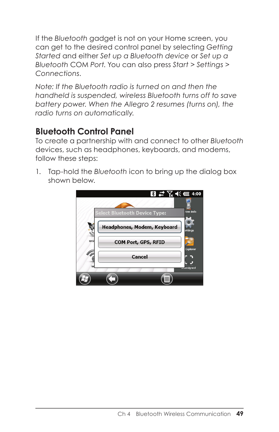 Bluetooth control panel | Juniper Systems Allegro 2 User Guide User Manual | Page 53 / 119