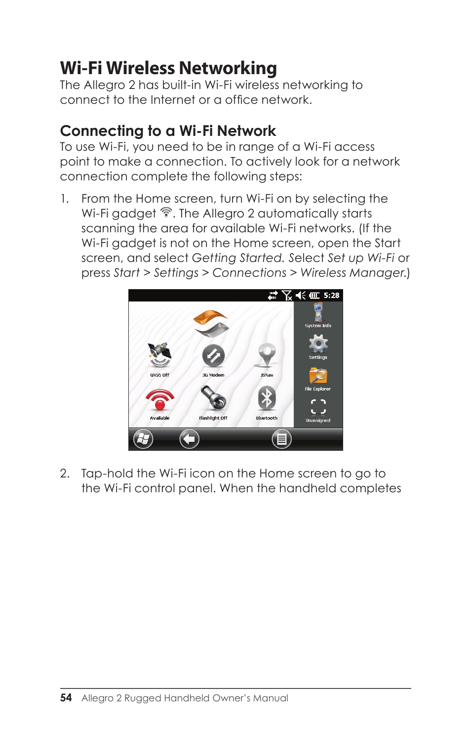 Connecting to a wi-fi network, Wi-fi wireless networking | Juniper Systems Allegro 2 User Guide User Manual | Page 58 / 119