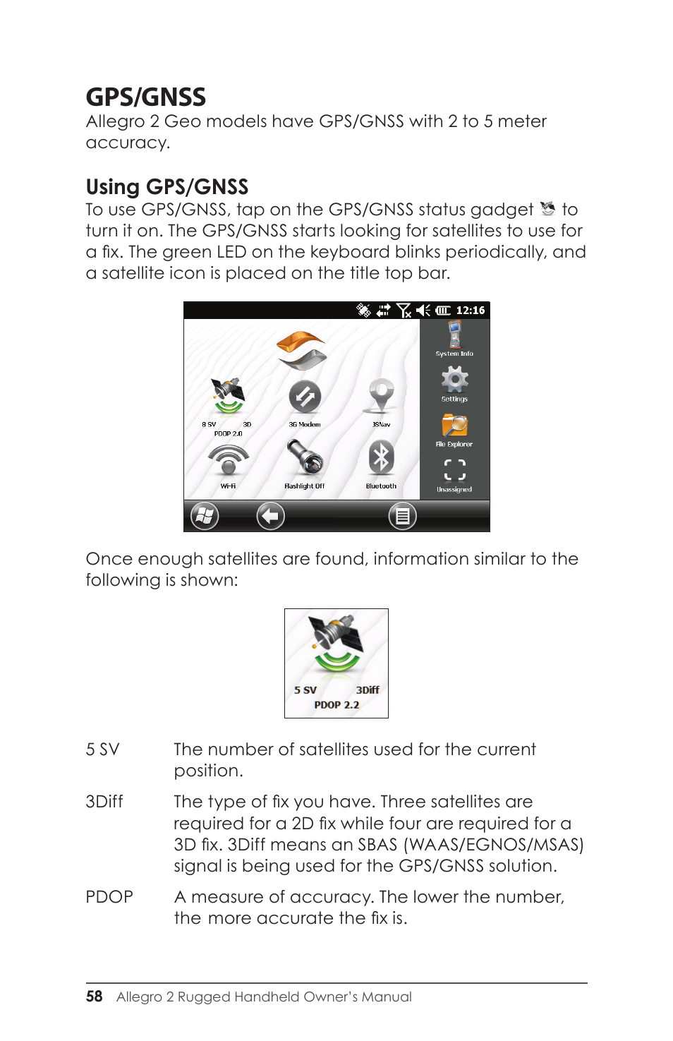 Using gps/gnss, Gps/gnss | Juniper Systems Allegro 2 User Guide User Manual | Page 62 / 119