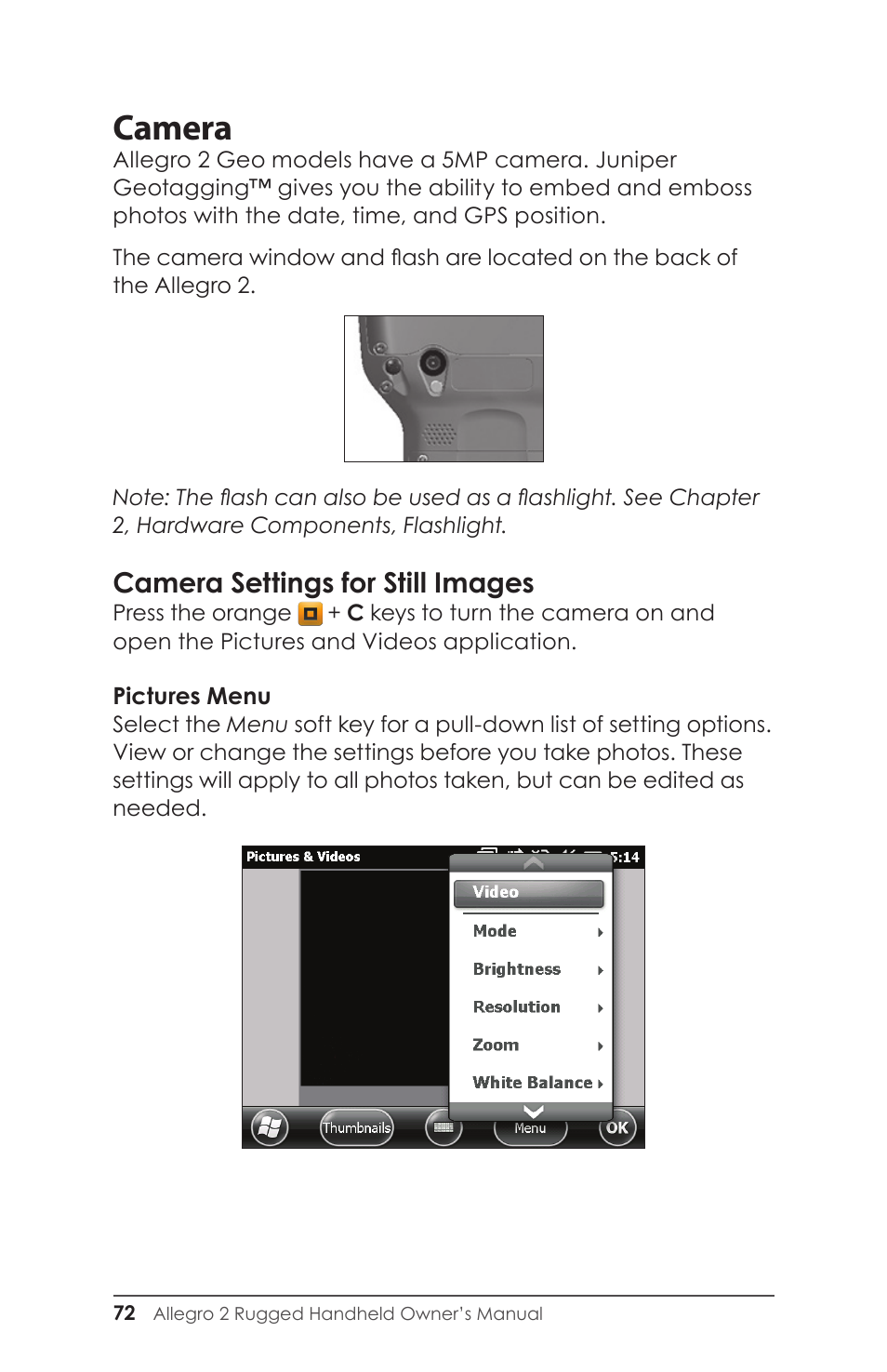 Camera settings for still images, Camera | Juniper Systems Allegro 2 User Guide User Manual | Page 76 / 119