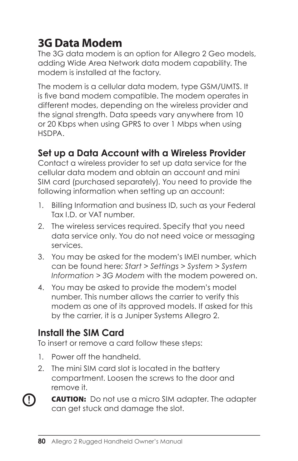 Set up a data account with a wireless provider, Install the sim card, 3g data modem | Juniper Systems Allegro 2 User Guide User Manual | Page 84 / 119