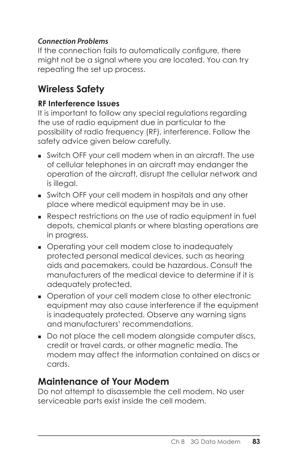 Wireless safety, Maintenance of your modem | Juniper Systems Allegro 2 User Guide User Manual | Page 87 / 119