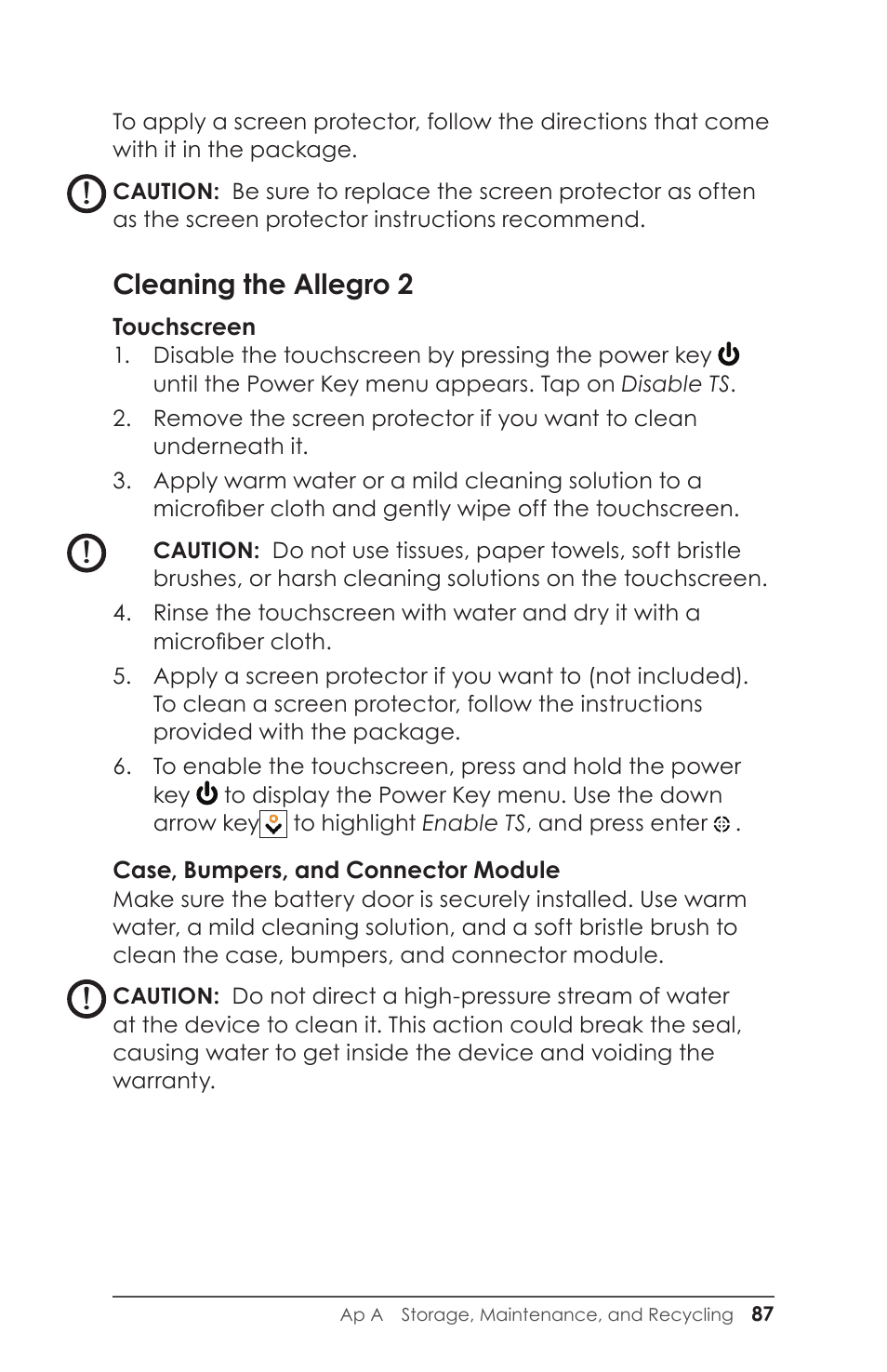 Cleaning the allegro 2 | Juniper Systems Allegro 2 User Guide User Manual | Page 91 / 119