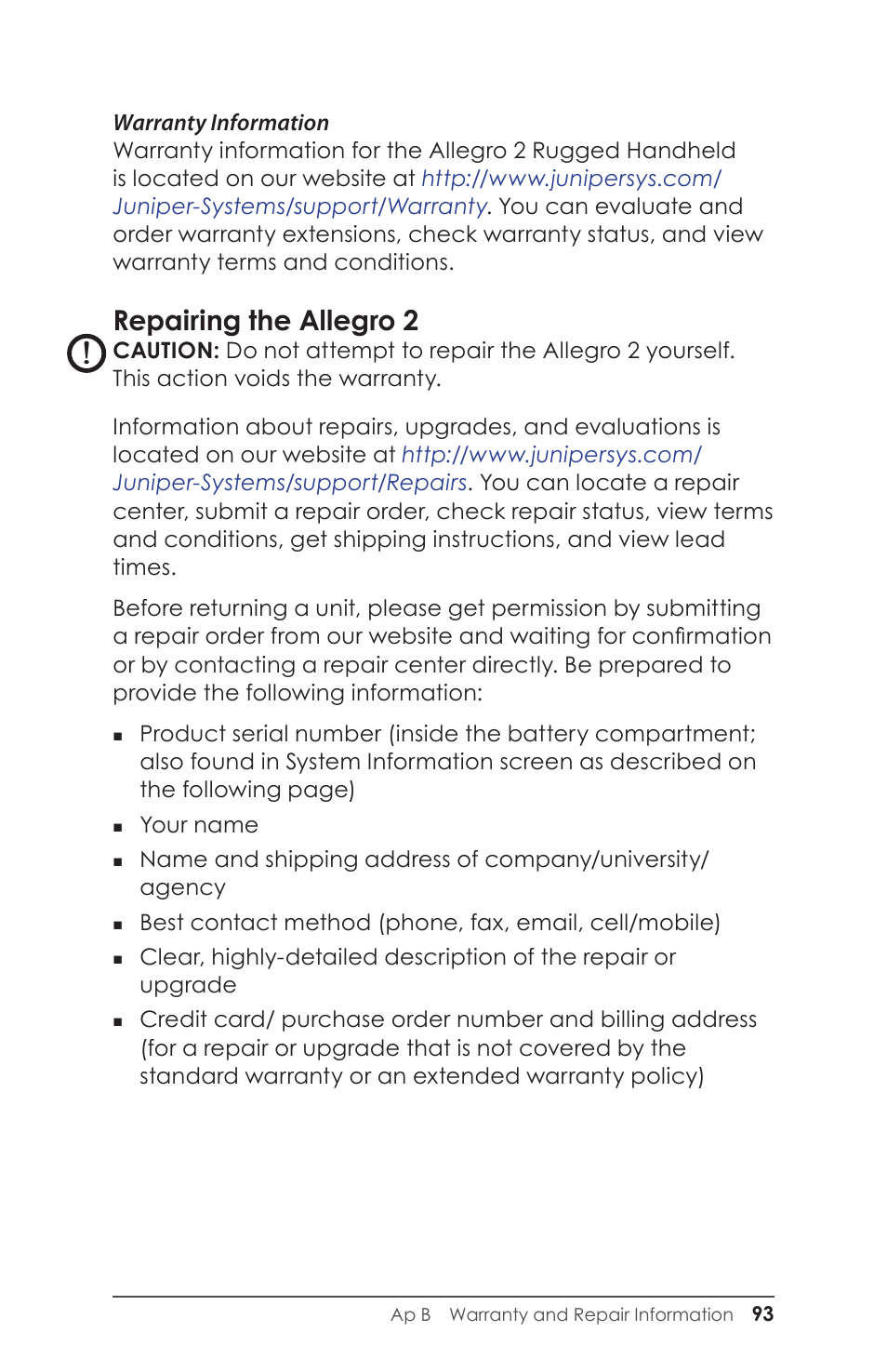 Repairing the allegro 2 | Juniper Systems Allegro 2 User Guide User Manual | Page 97 / 119