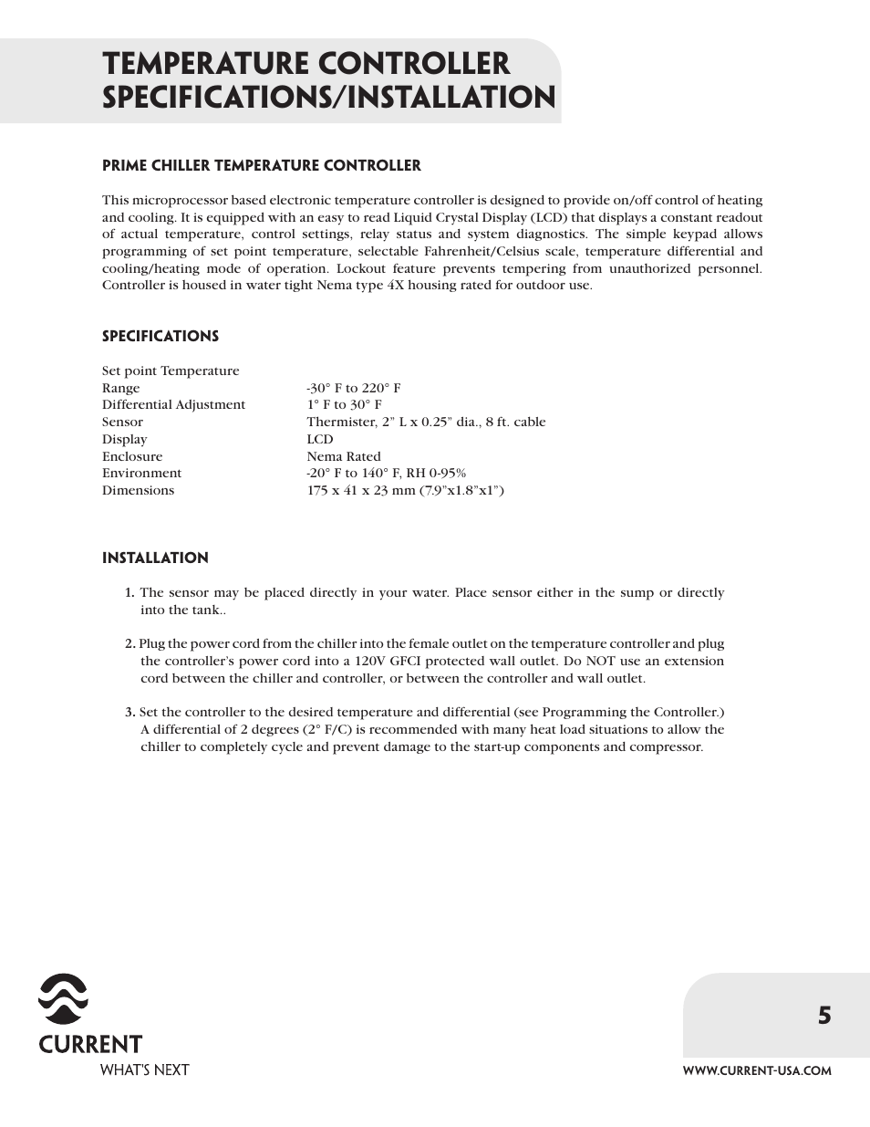 Temperature controller specifications/installation | Current 2601 User Manual | Page 5 / 8