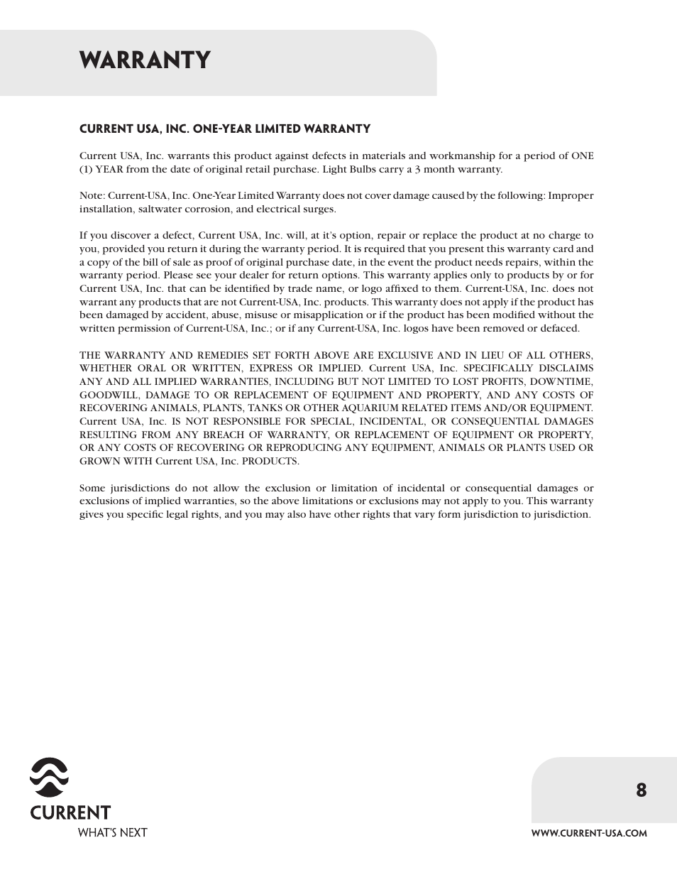 Warranty | Current 2601 User Manual | Page 8 / 8