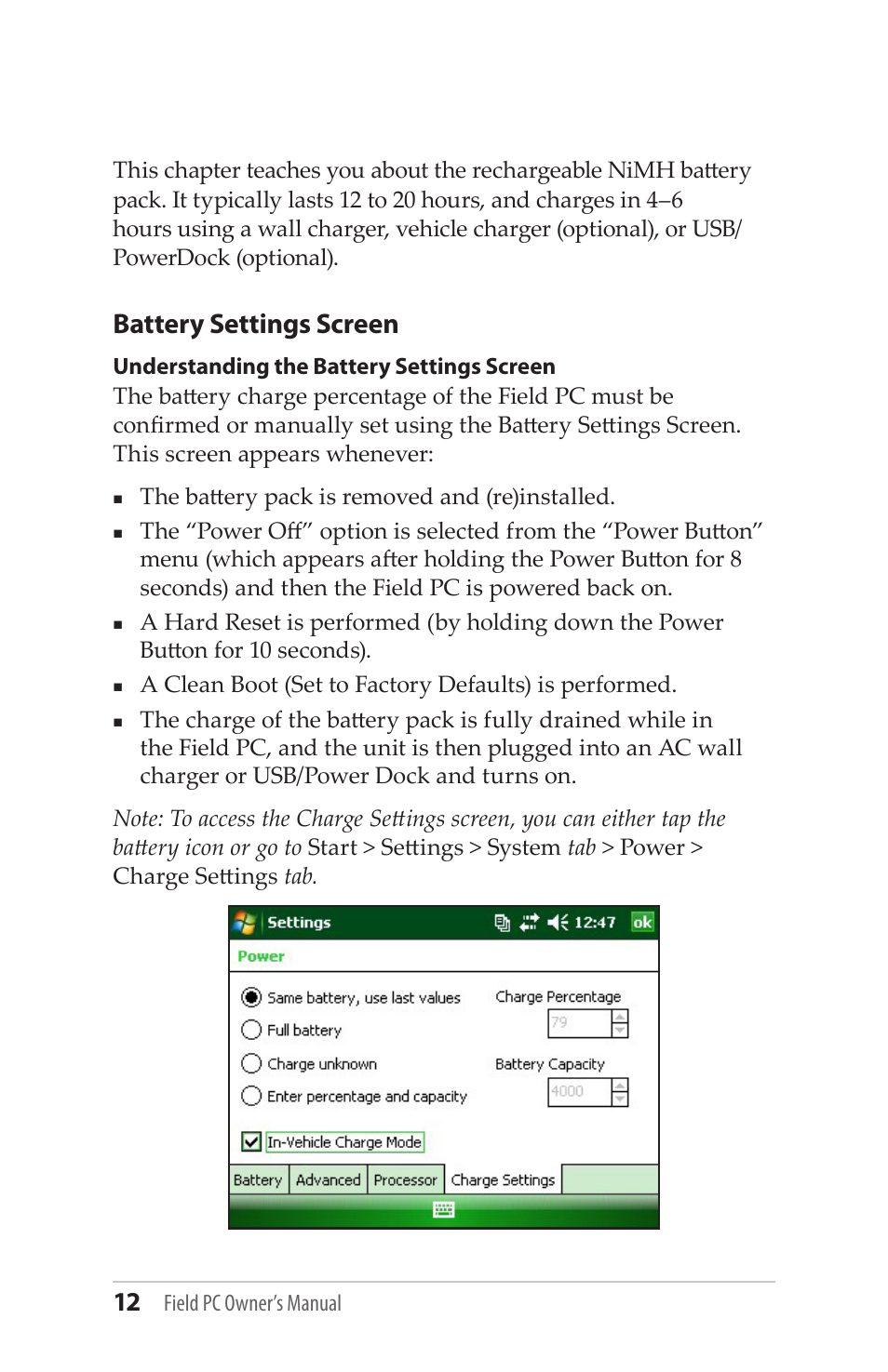 Battery settings screen | Juniper Systems Allegro MX User Guide User Manual | Page 12 / 96