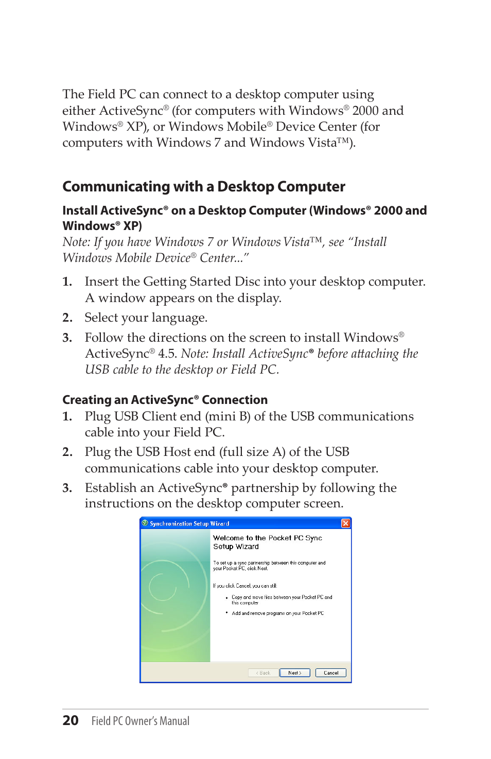 Communicating with a desktop computer | Juniper Systems Allegro MX User Guide User Manual | Page 20 / 96