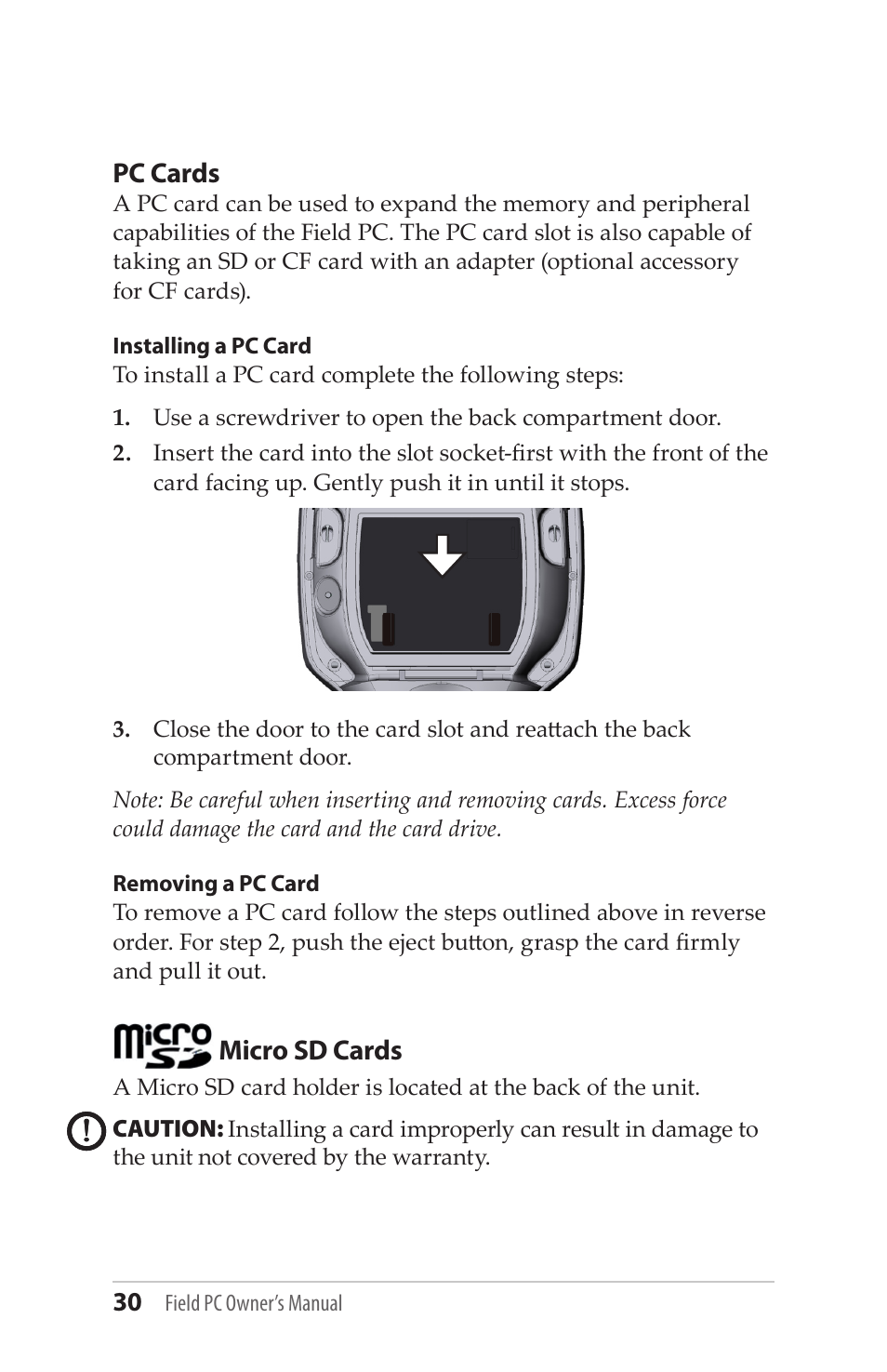 Pc cards, Micro sd cards | Juniper Systems Allegro MX User Guide User Manual | Page 30 / 96