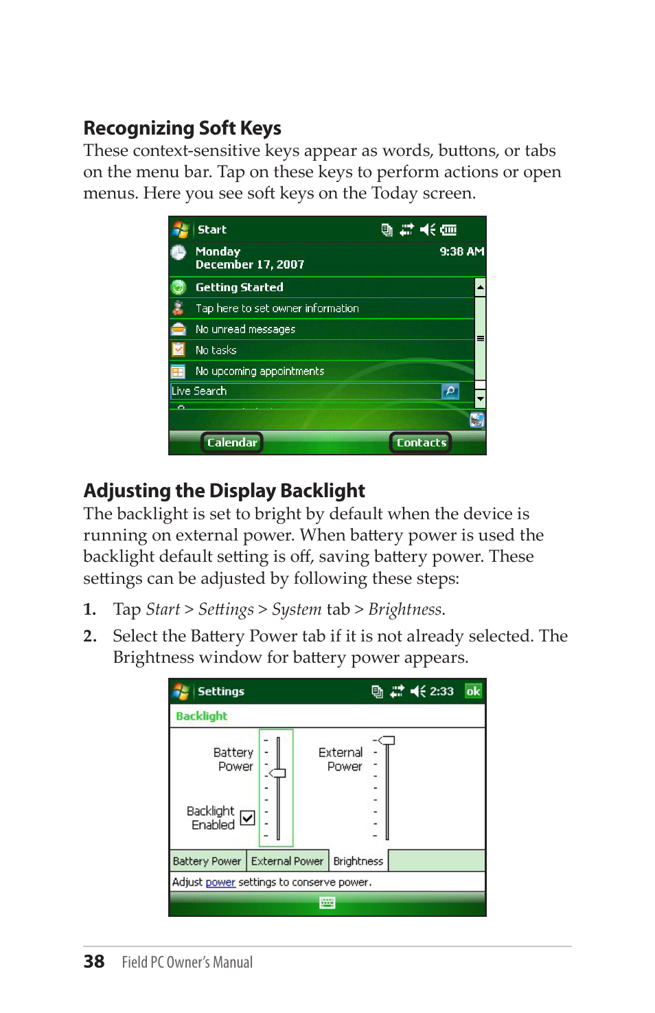 Recognizing soft keys, Adjusting the display backlight | Juniper Systems Allegro MX User Guide User Manual | Page 38 / 96