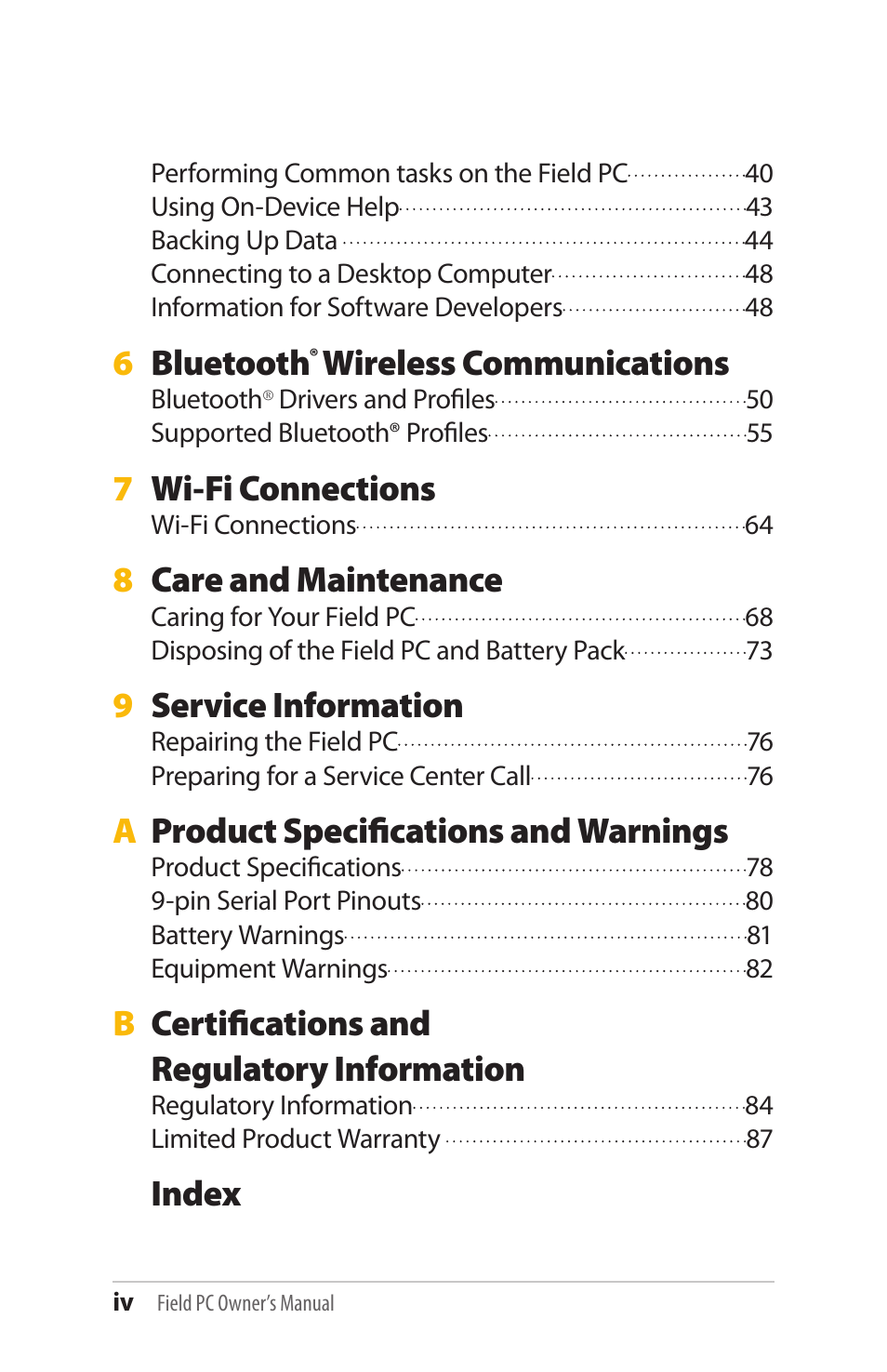 6bluetooth, Wireless communications, 7wi-fi connections | 8care and maintenance, 9service information, Aproduct specifications and warnings, Bcertifications and regulatory information, Index | Juniper Systems Allegro MX User Guide User Manual | Page 4 / 96