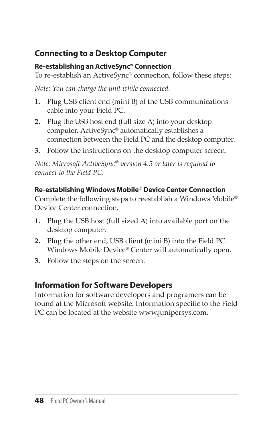 Connecting to a desktop computer, Information for software developers | Juniper Systems Allegro MX User Guide User Manual | Page 48 / 96