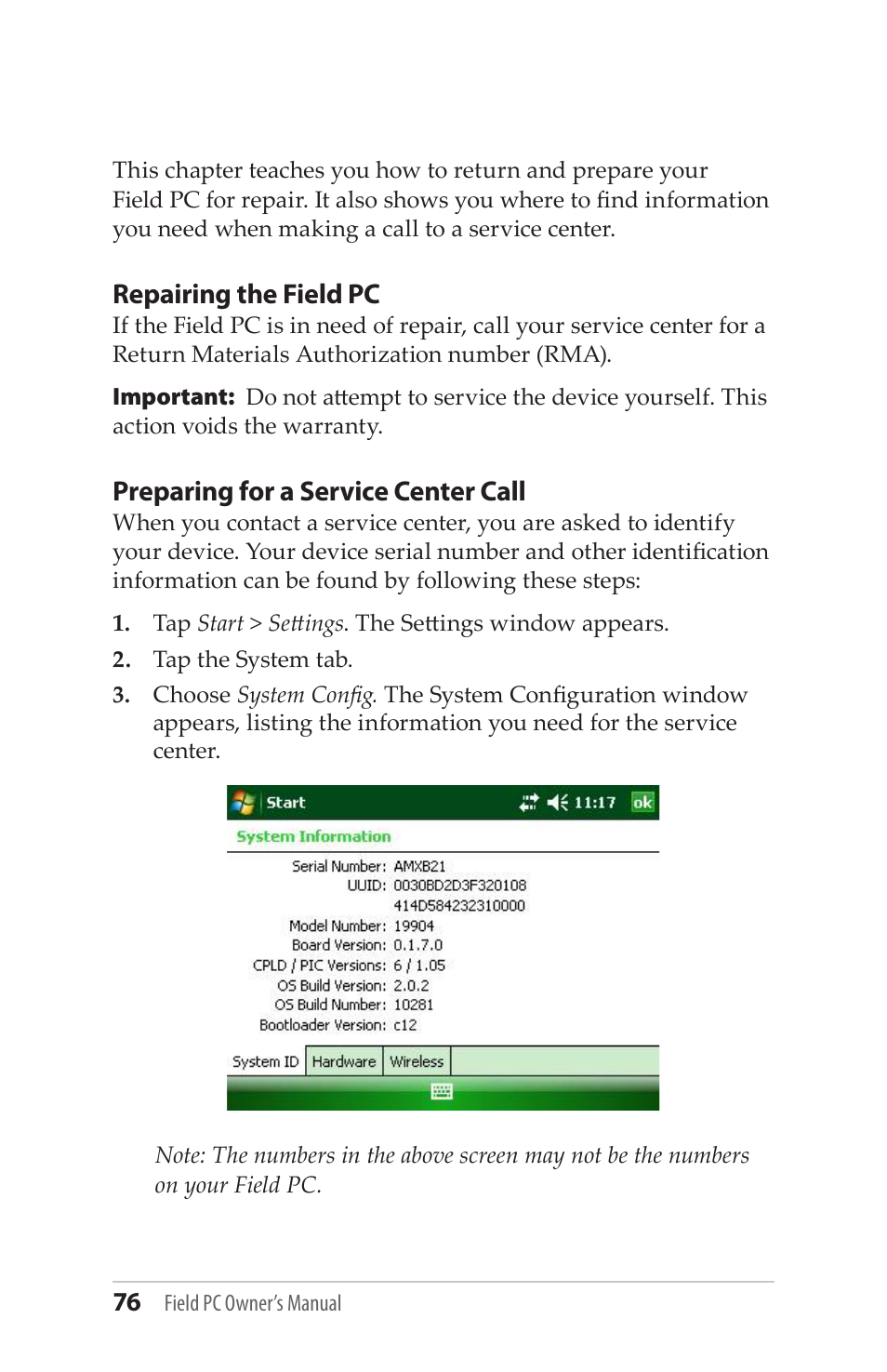 Repairing the field pc, Preparing for a service center call | Juniper Systems Allegro MX User Guide User Manual | Page 76 / 96