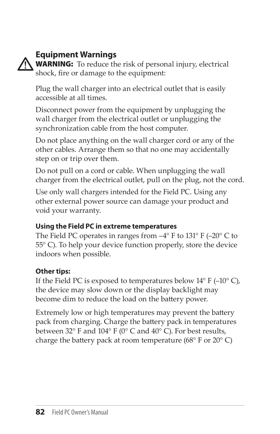 Equipment warnings | Juniper Systems Allegro MX User Guide User Manual | Page 82 / 96