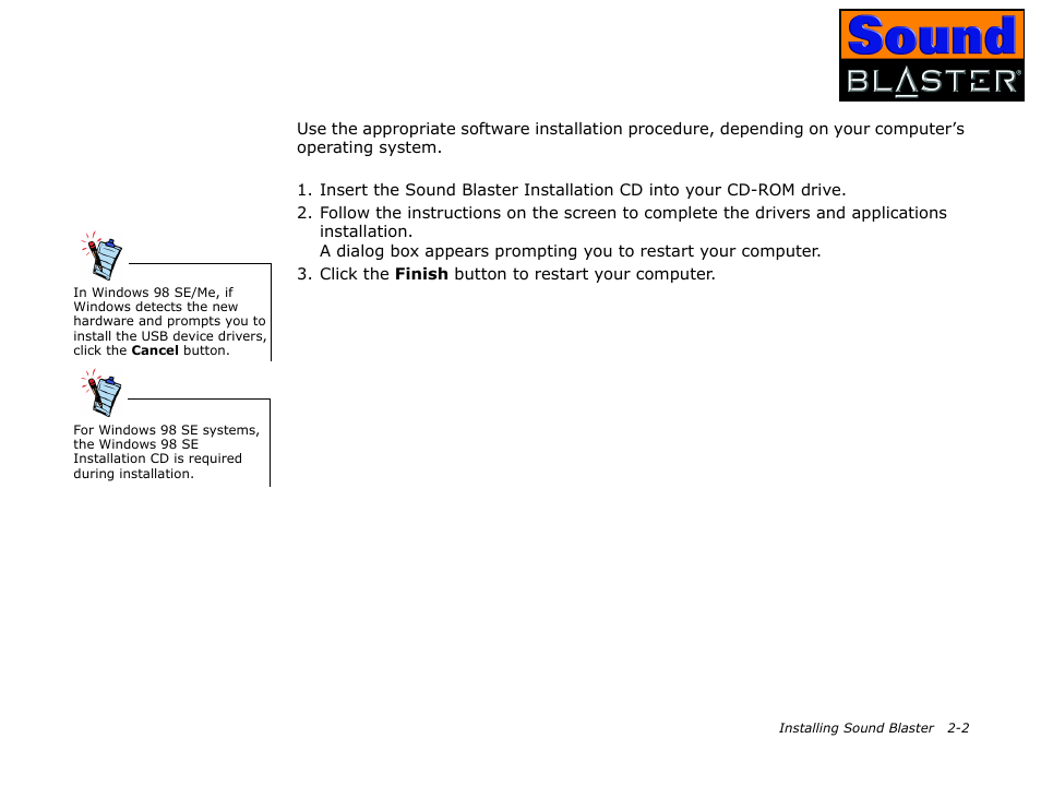 Installing software, In windows 98 se/me/ 2000/xp, Installing software -2 | In windows 98 se/me/2000/xp -2 | CREATIVE Sound Blaster User Manual | Page 18 / 55