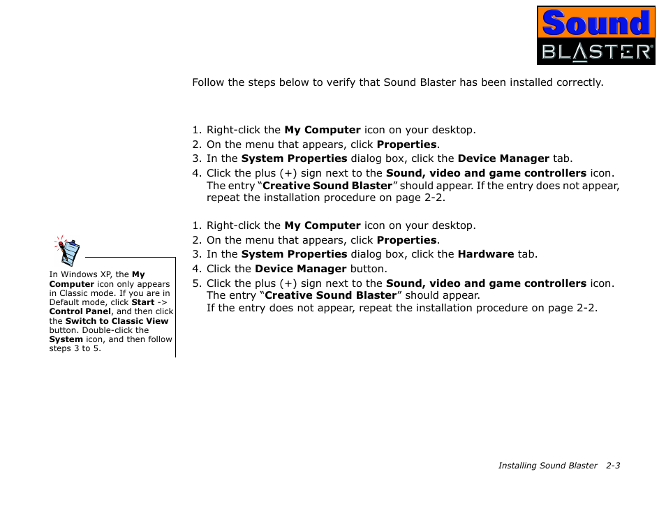 Verifying the software installation, In windows 98 se/me, In windows 2000/xp | Verifying the software installation -3, In windows 98 se/me -3, In windows 2000/xp -3 | CREATIVE Sound Blaster User Manual | Page 19 / 55