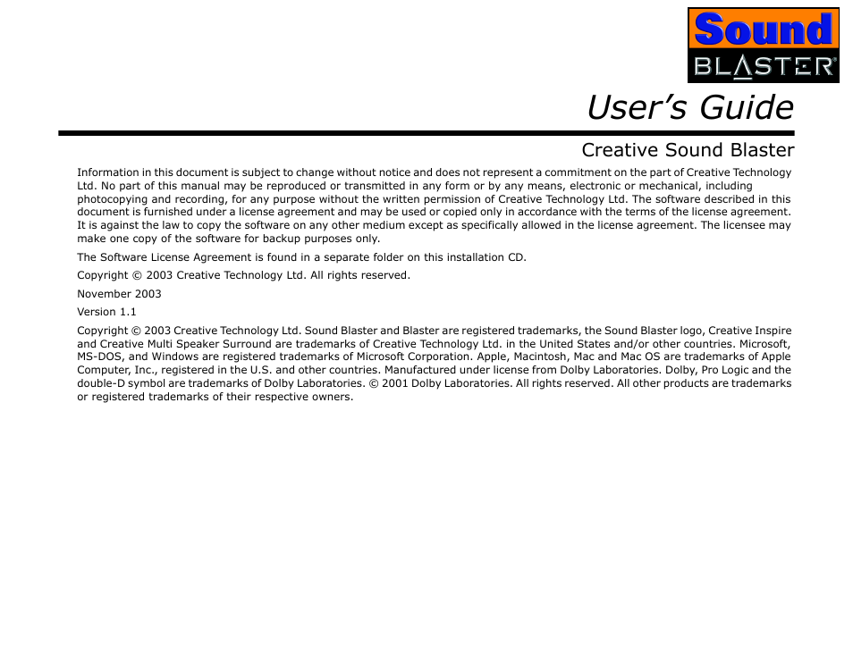 Creative sound blaster, User’s guide | CREATIVE Sound Blaster User Manual | Page 2 / 55