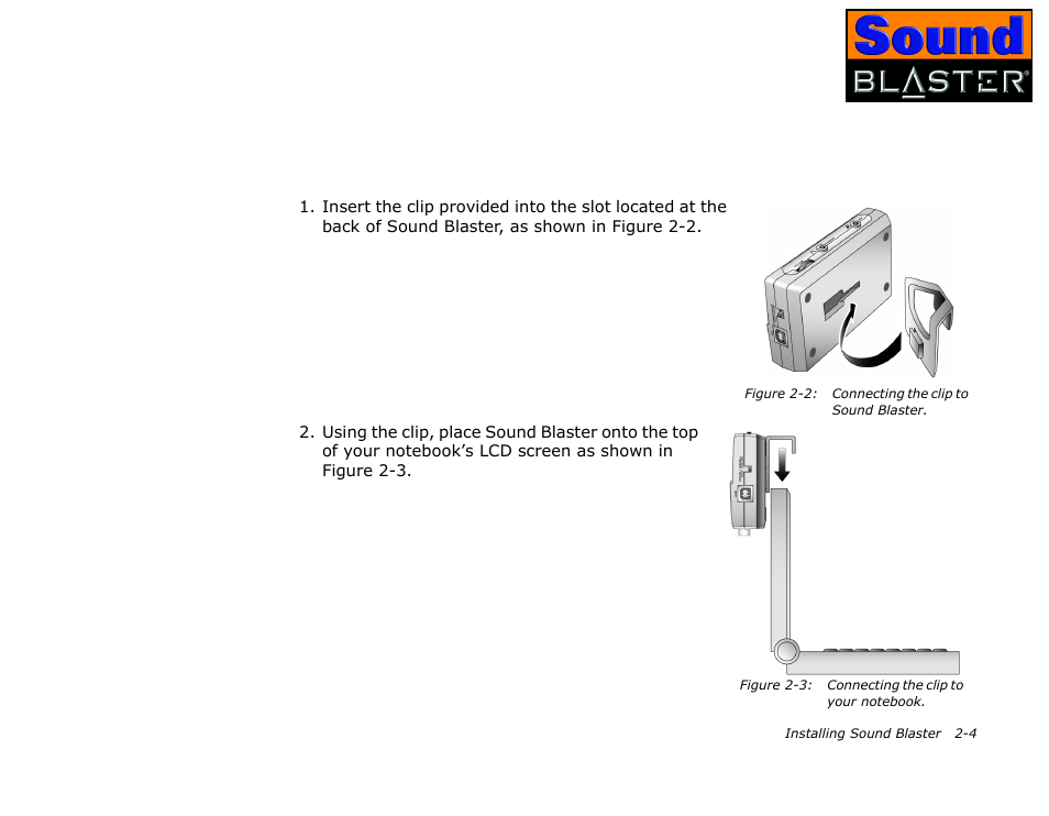 Attaching sound blaster, Using a clip, Attaching sound blaster -4 | Using a clip -4 | CREATIVE Sound Blaster User Manual | Page 20 / 55