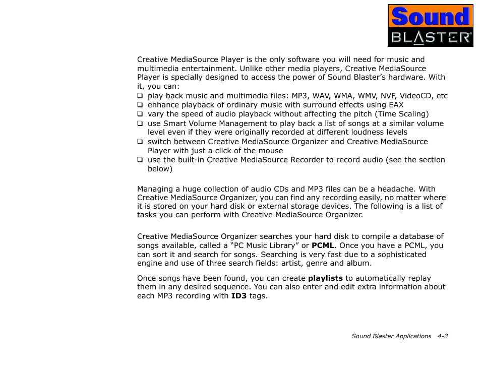Creative mediasource player, Creative mediasource organizer, Finding and organizing songs | Creative mediasource player -3, Creative mediasource organizer -3, Finding and organizing songs -3 | CREATIVE Sound Blaster User Manual | Page 31 / 55