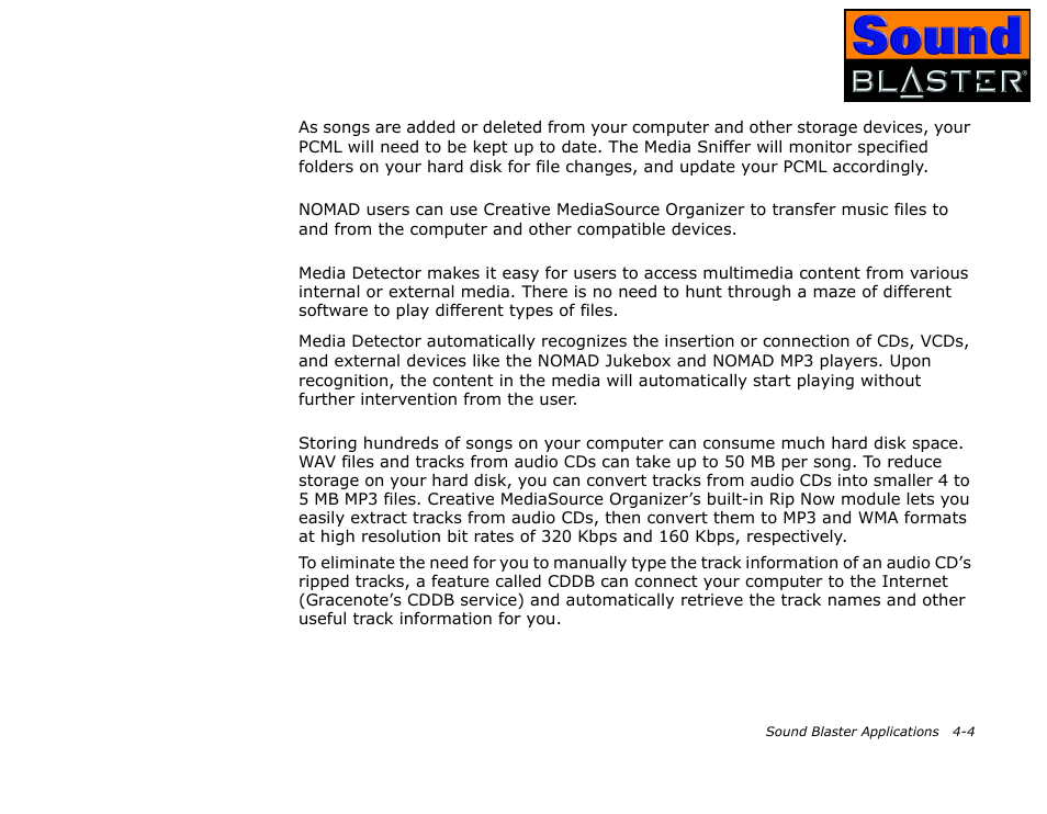 Keep your music database up to date, Transferring songs, Automatically playing multimedia content | Extracting and converting songs, Keep your music database up to date -4, Transferring songs -4, Automatically playing multimedia content -4, Extracting and converting songs -4 | CREATIVE Sound Blaster User Manual | Page 32 / 55