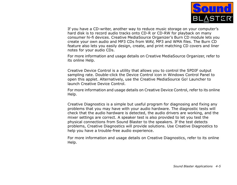Storing music on recordable cd, Creative device control, Creative diagnostics | Storing music on recordable cd -5, Creative device control -5, Creative diagnostics -5 | CREATIVE Sound Blaster User Manual | Page 33 / 55
