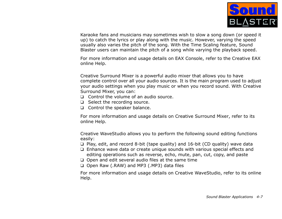 Time scaling: varying the speed of playback, Creative surround mixer, Creative wavestudio | Time scaling: varying the speed of playback -7, Creative surround mixer -7, Creative wavestudio -7 | CREATIVE Sound Blaster User Manual | Page 35 / 55