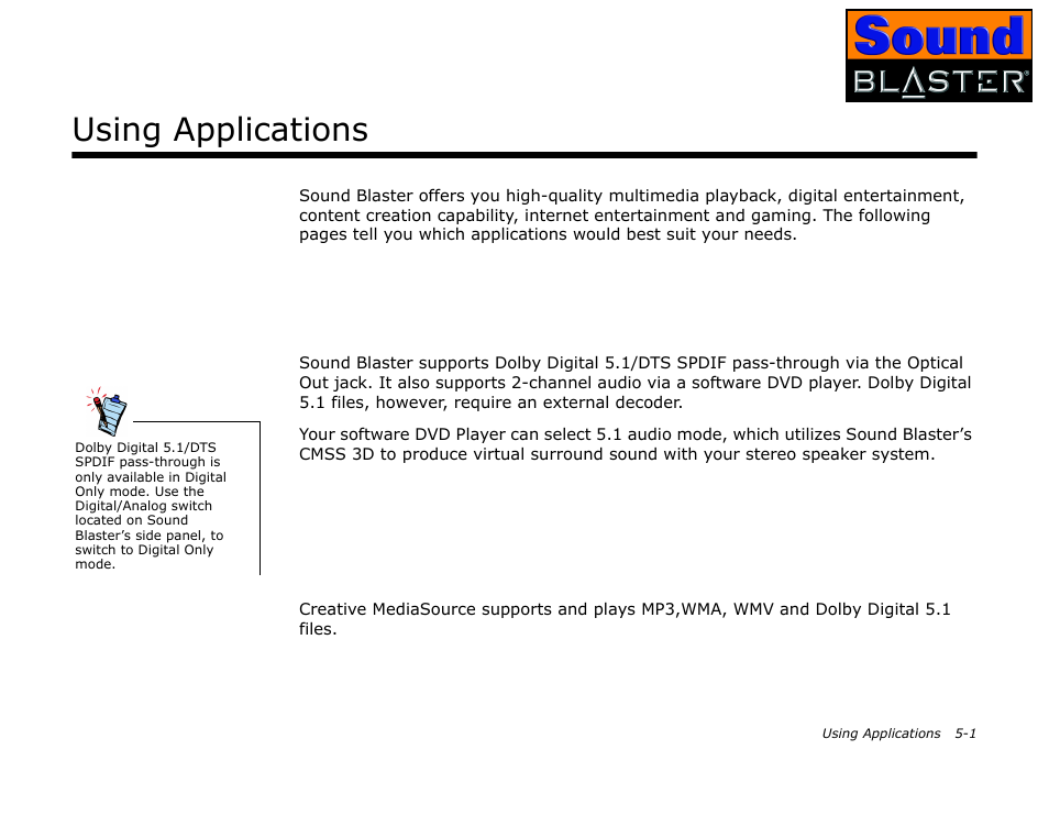 Using applications, Multimedia playback, Watching dvds | Playing mp3, wma, wmv or dolby digital 5.1 files, Multimedia playback -1, Watching dvds -1 | CREATIVE Sound Blaster User Manual | Page 38 / 55