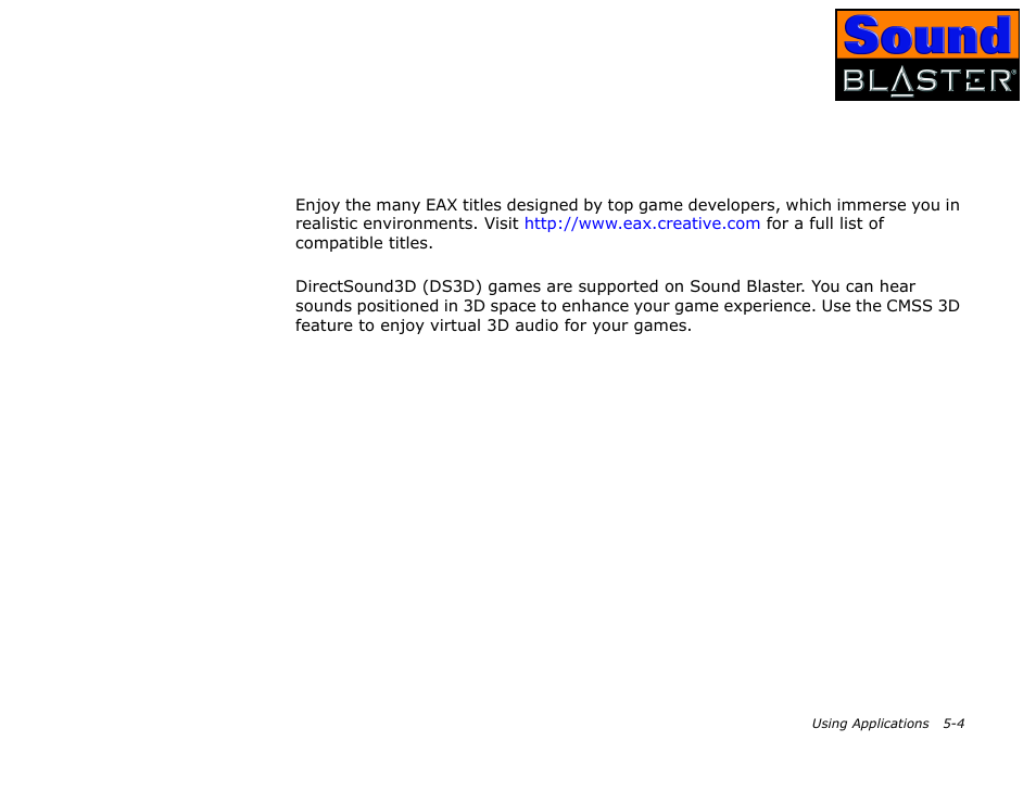 Gaming reference, Enjoying eax support, Enjoying directsound3d support | Gaming reference -4, Enjoying eax support -4, Enjoying directsound3d support -4 | CREATIVE Sound Blaster User Manual | Page 41 / 55