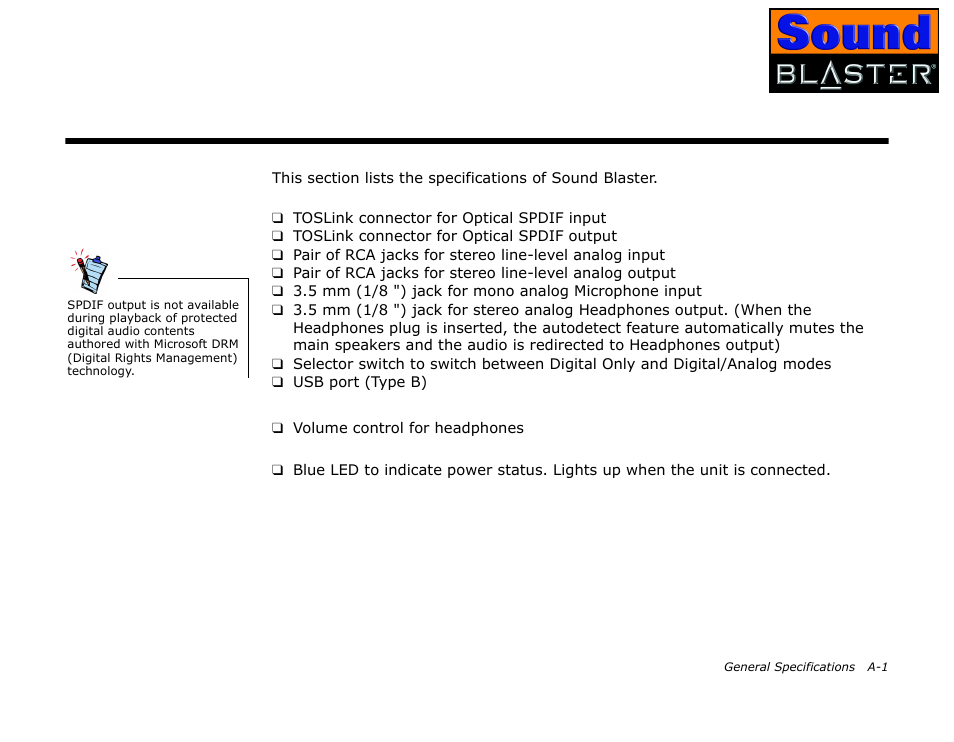 General specifications, Inputs and outputs, Controls | Display indicators | CREATIVE Sound Blaster User Manual | Page 43 / 55