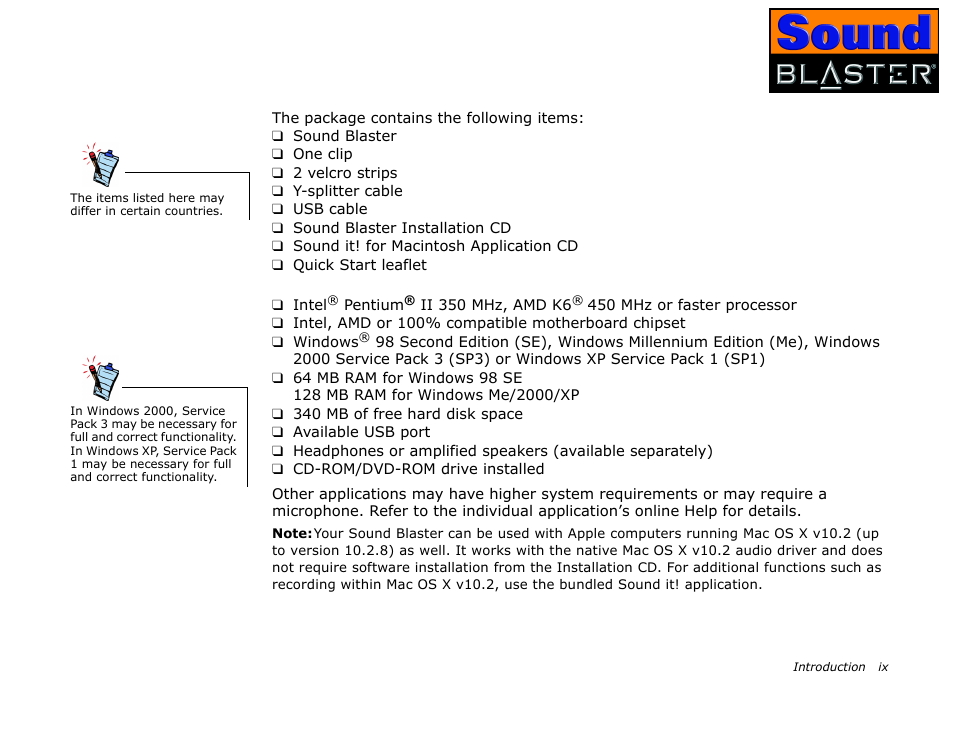 Package contents, System requirements | CREATIVE Sound Blaster User Manual | Page 9 / 55